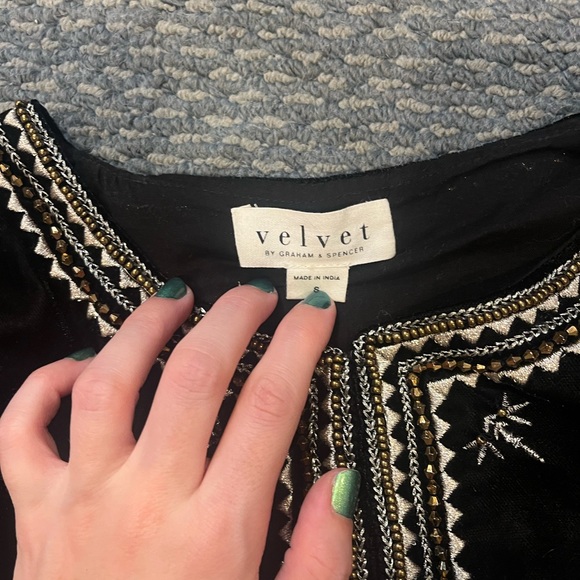 VELVET by Graham & Spencer Black and Gold Embroidered Beaded Velvet Drape Blouse - Picture 10 of 13